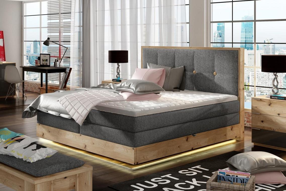 GLANS boxspring postel 140X200 z dubového dřeva s úložným prostorem a LED osvětlením